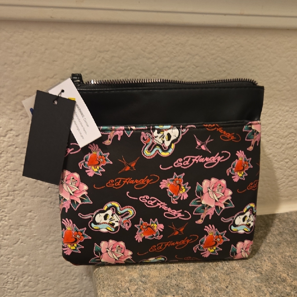 Ed Hardy Black Floral & Skull Zip Pouch